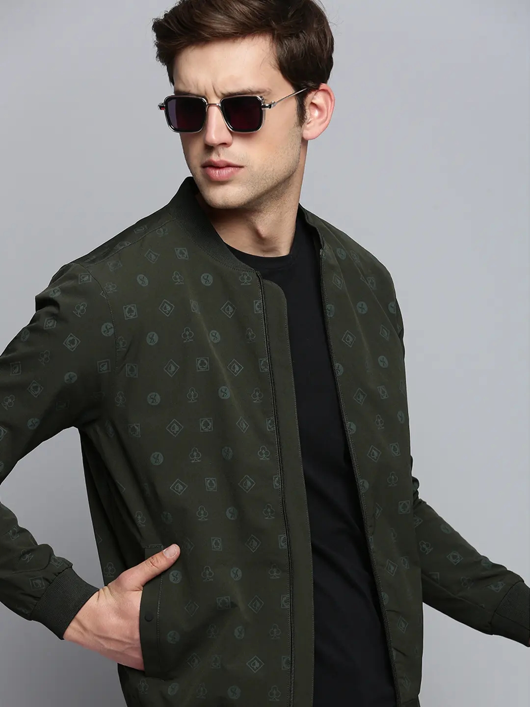 Showoff | SHOWOFF Men's Mandarin Collar Solid Olive Open Front Jacket