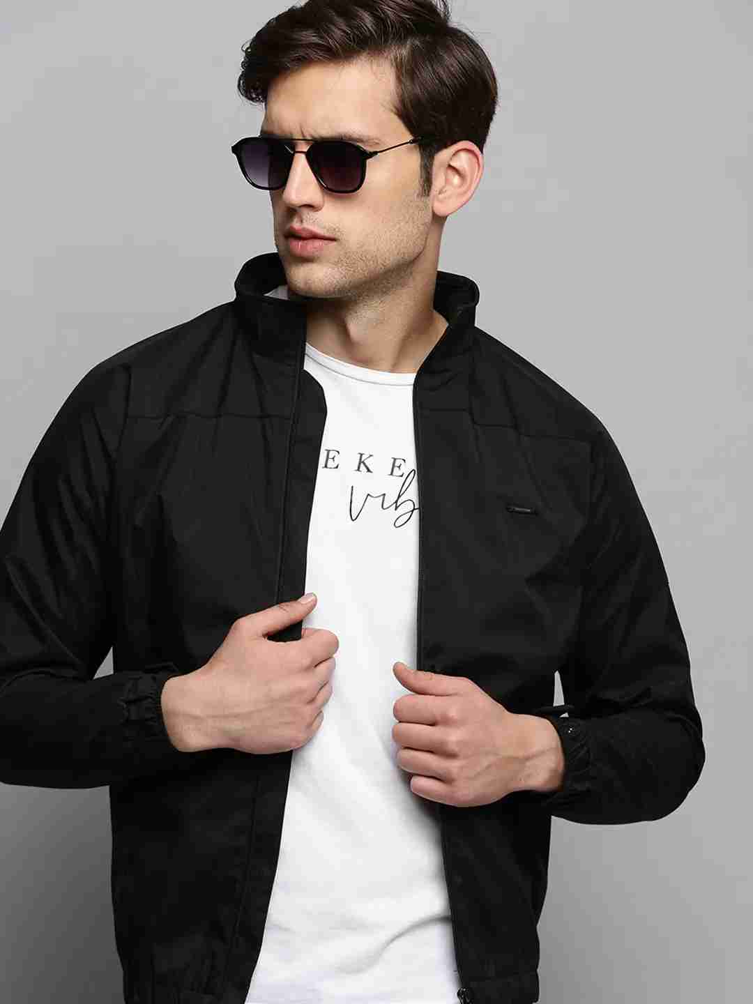SHOWOFF Men's Mock Collar Solid Black Open Front Jacket