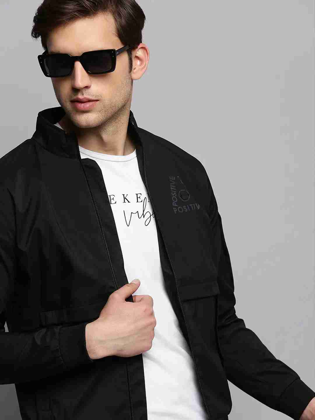 SHOWOFF Men's Mock Collar Solid Black Open Front Jacket