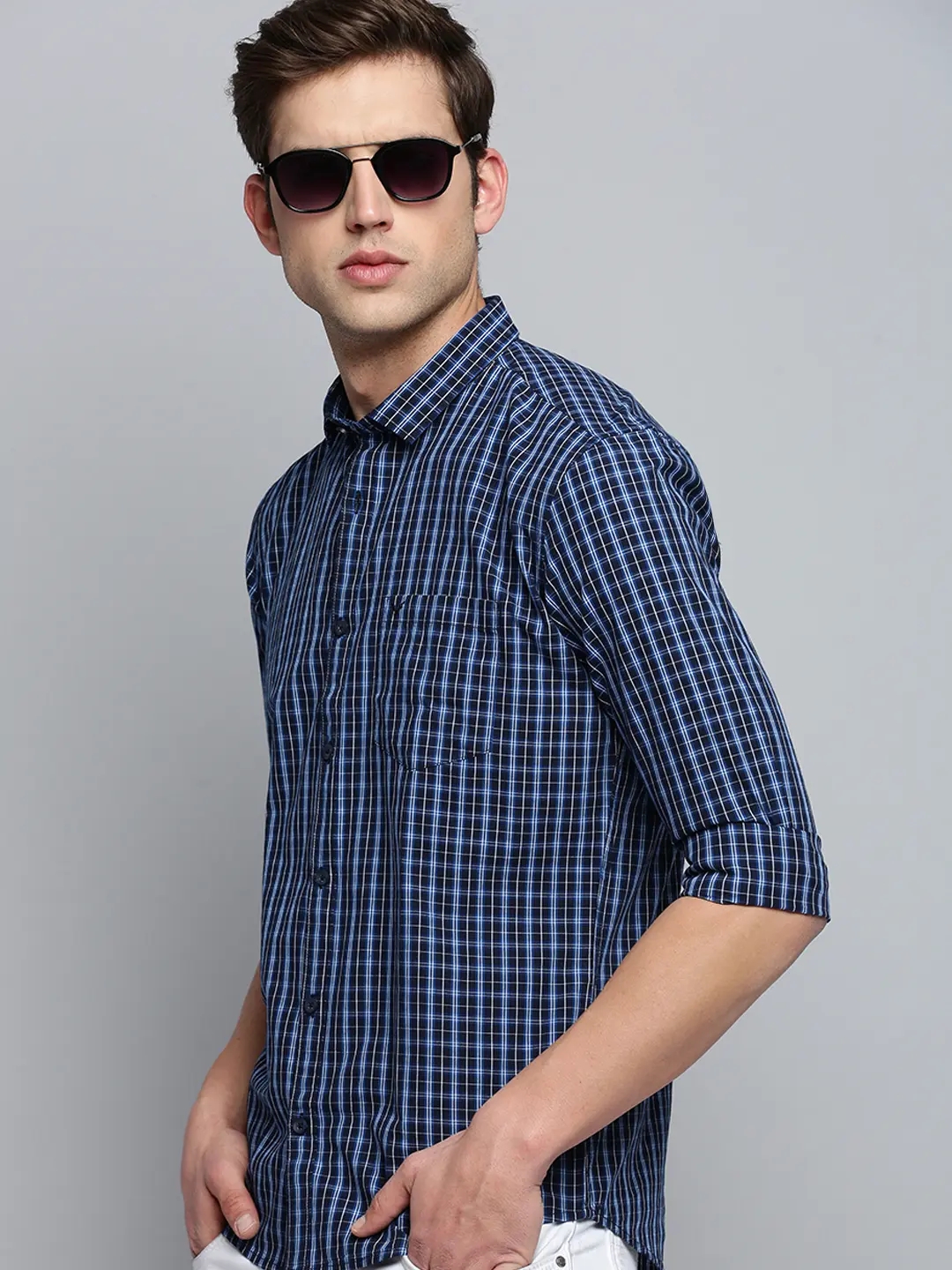 SHOWOFF Men's Spread Collar Checked Navy Blue Classic Shirt