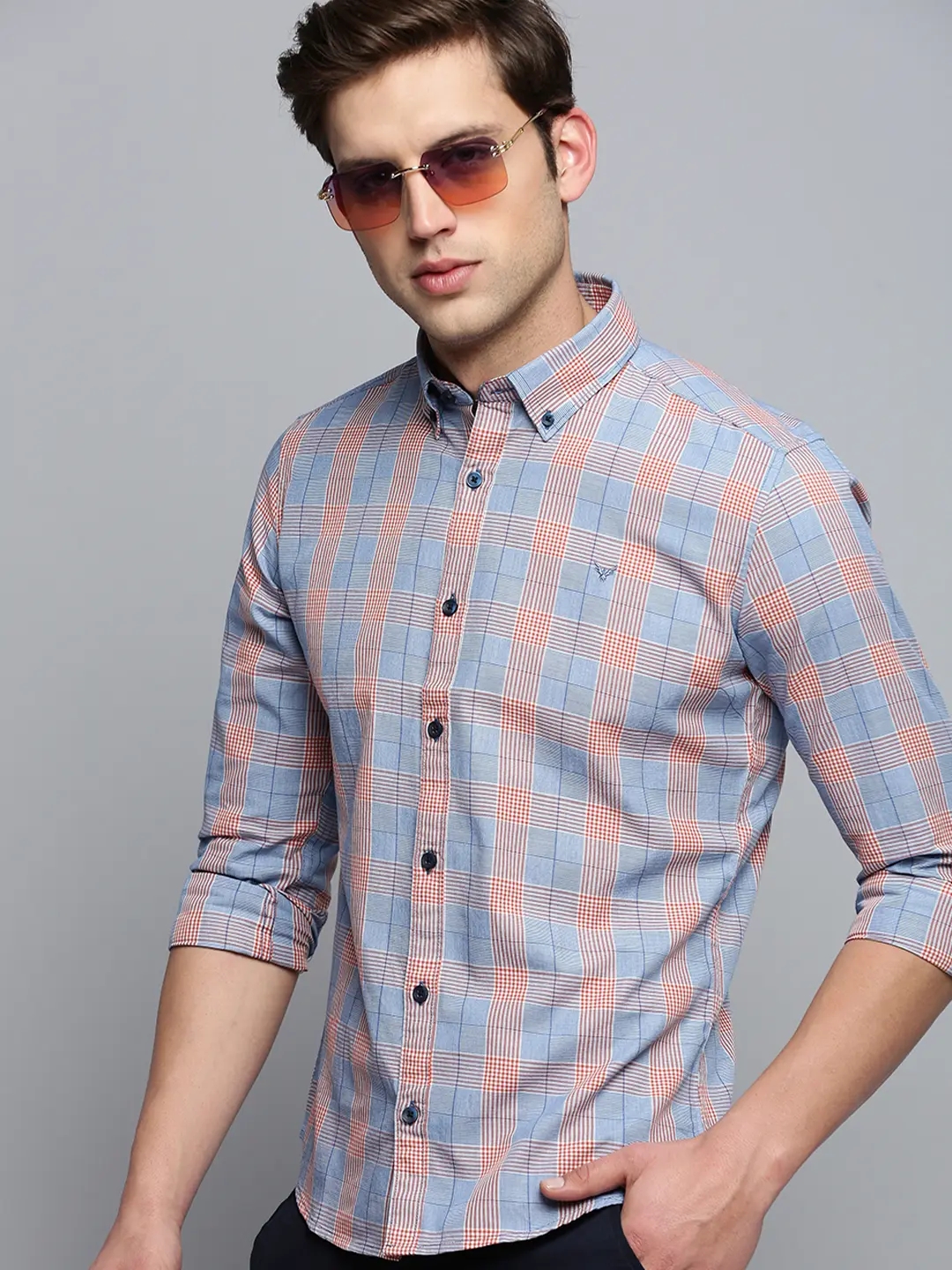 Showoff | SHOWOFF Men's Spread Collar Checked Blue Classic Shirt