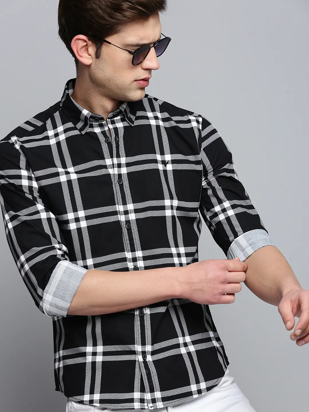 Showoff | SHOWOFF Men's Spread Collar Checked Black Classic Shirt