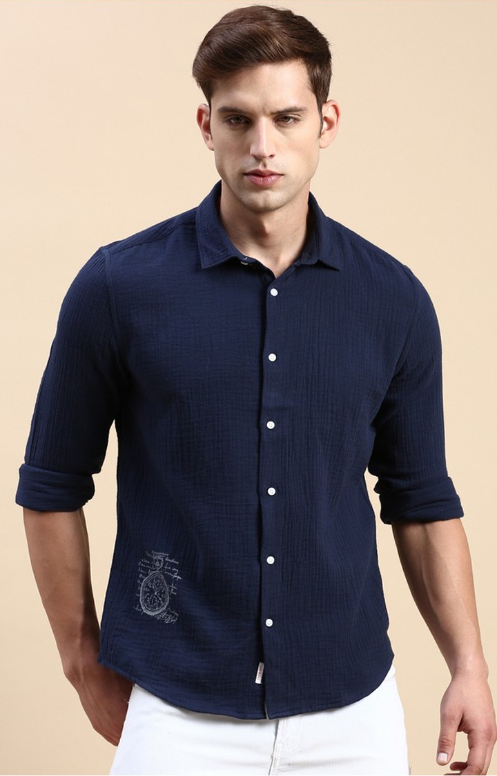 SHOWOFF Men's Spread Collar Navy Blue Slim Fit Solid Shirt