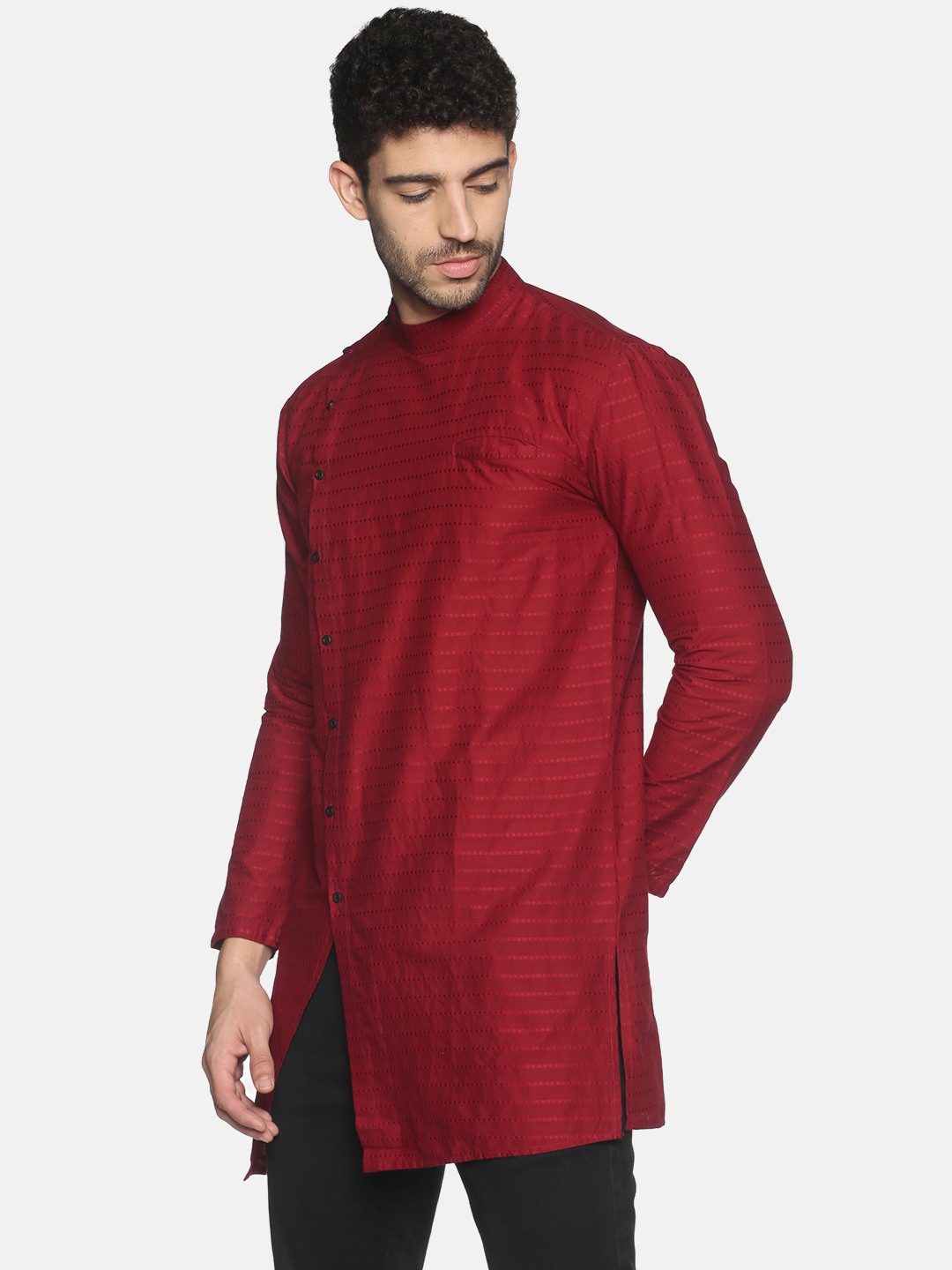 Showoff Men's Casual Maroon Striped Slim Fit Full Kurta