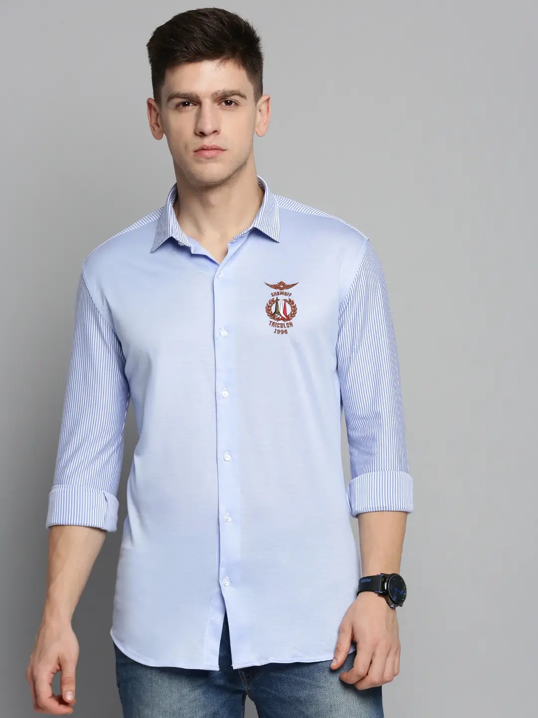 SHOWOFF Men's Spread Collar Blue Striped Shirt