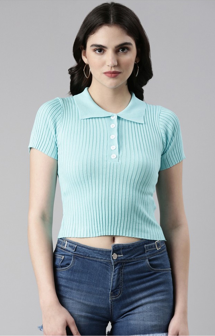 SHOWOFF Women's Shirt Collar Solid Regular Sleeves Fitted Turquoise Blue Crop Top