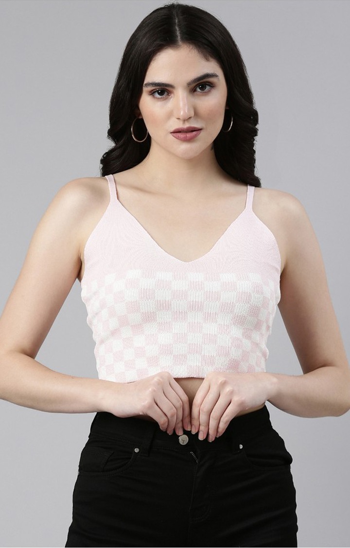 Showoff | SHOWOFF Women's Shoulder Straps Checked Sleeveless Fitted Pink Crop Top