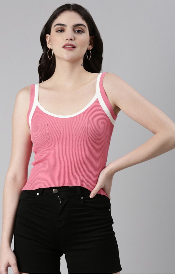 Showoff | SHOWOFF Women's Shoulder Straps Solid Sleeveless Fitted Pink Crop Top