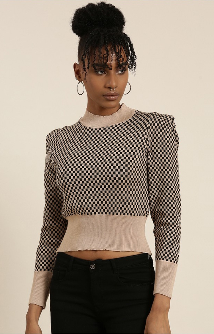 SHOWOFF Women's High Neck Checked Puff Sleeves Taupe Crop Top