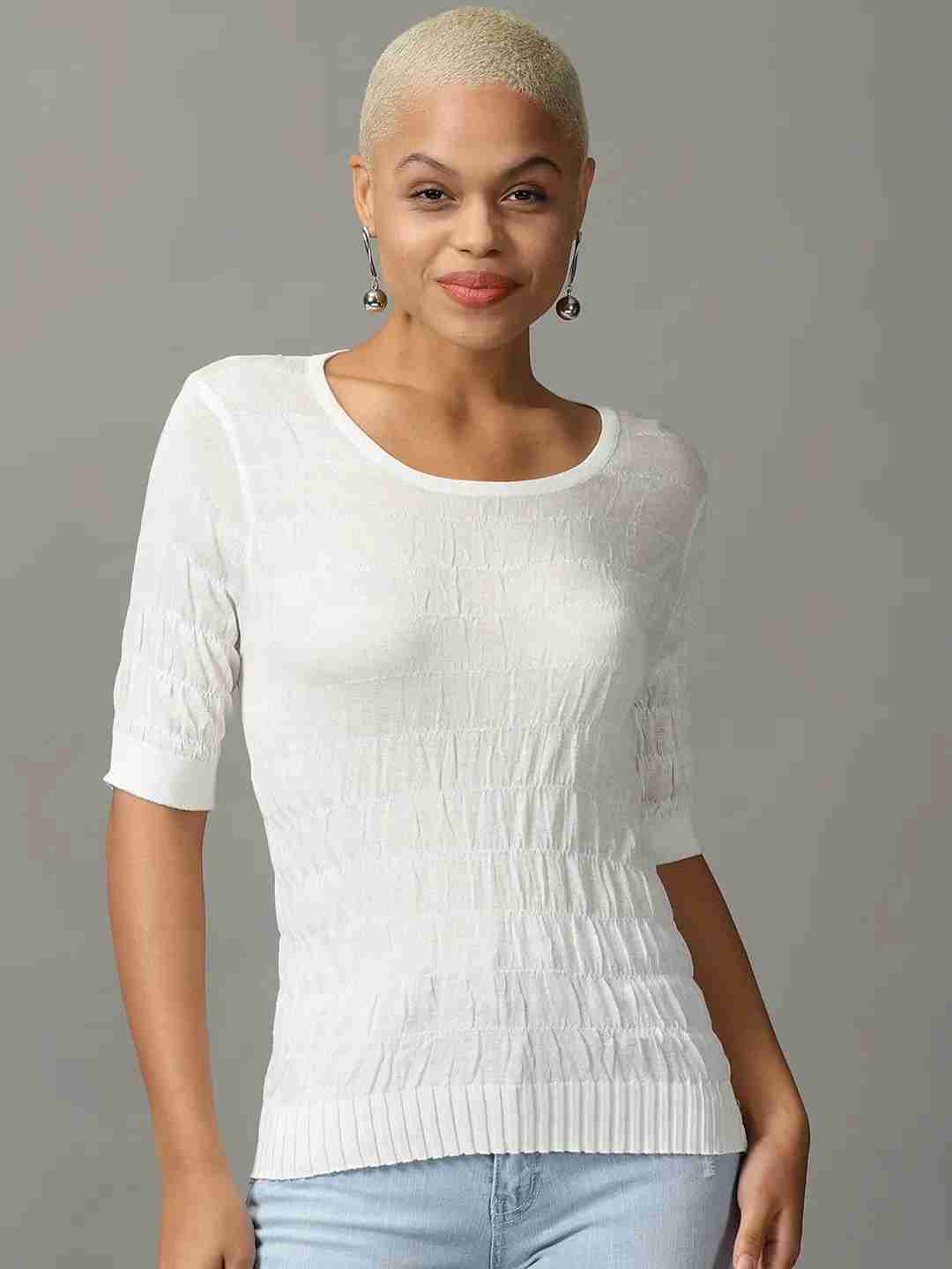 Women's White Cotton Blend Solid Tops