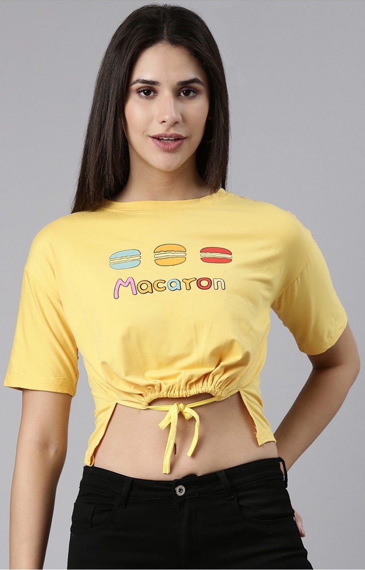 SHOWOFF Women's Round Neck Printed Yellow Cinched Waist Crop Top