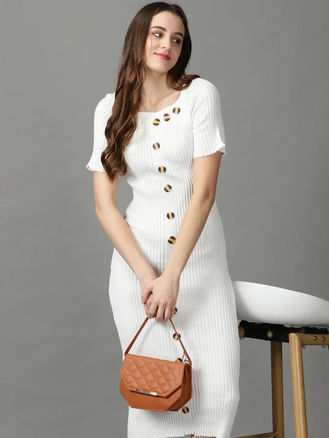 SHOWOFF Women White Solid Square Neck Short Sleeves Midi Bodycon Dress