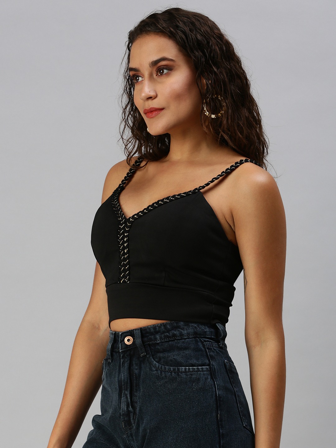 Women's Black Polycotton Solid Tops