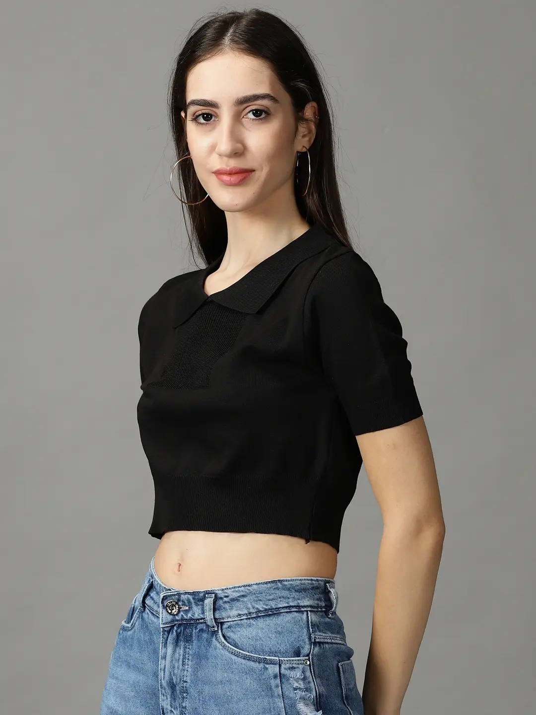 SHOWOFF Women's Shirt Collar Fitted Solid Black Crop Top