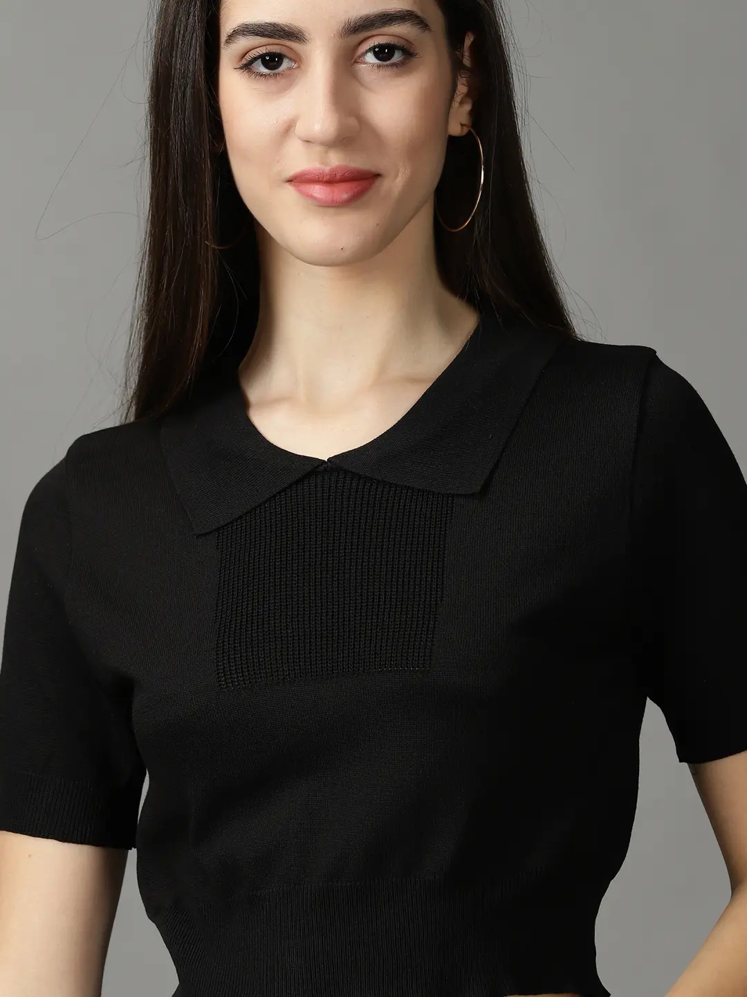 SHOWOFF Women's Shirt Collar Fitted Solid Black Crop Top
