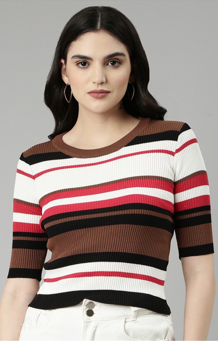 Showoff | SHOWOFF Women's Round Neck Colourblocked Coffee Brown Fitted Regular Top