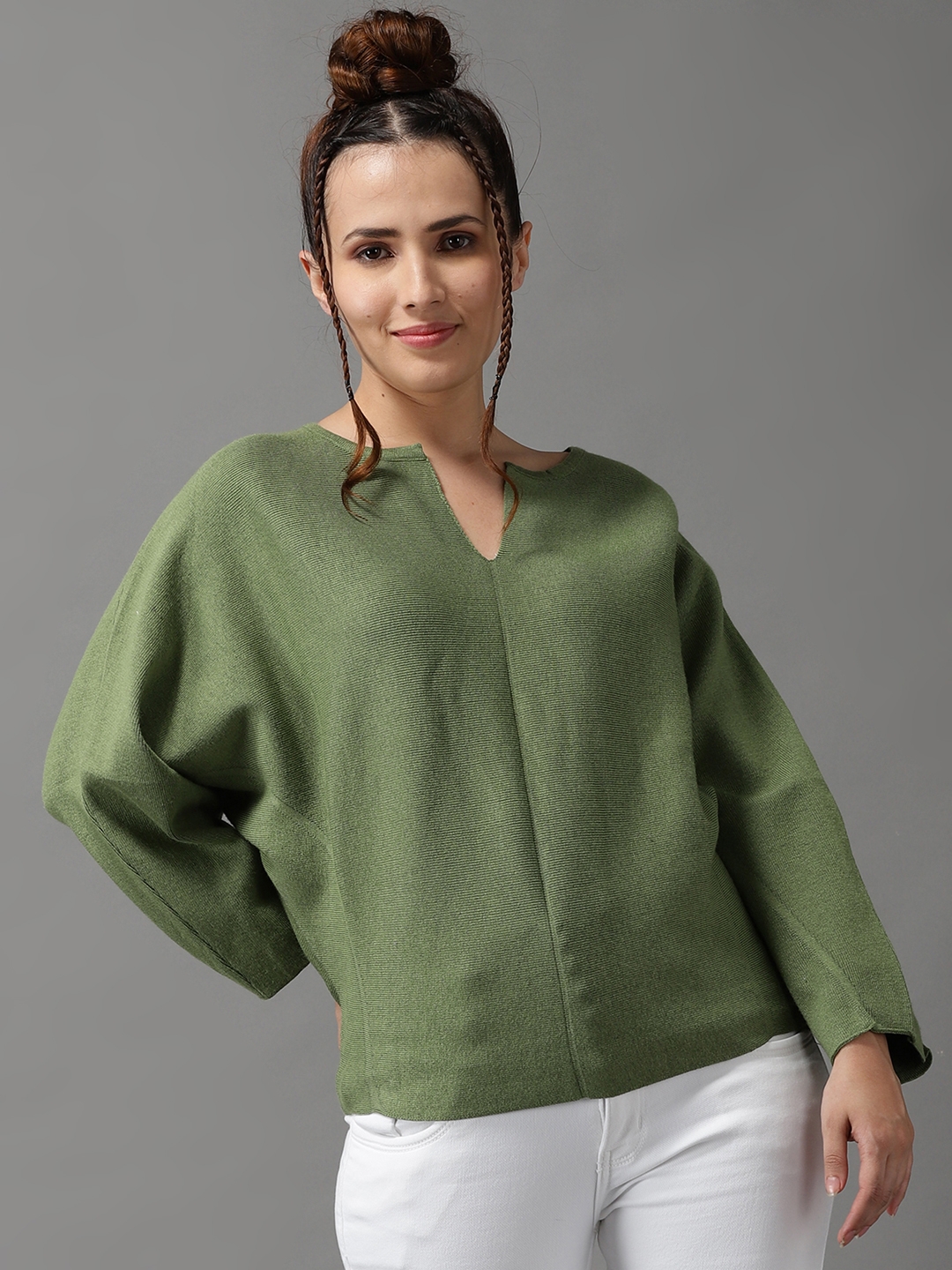Showoff | SHOWOFF Women's Long Sleeves Regular Olive Solid Pullover