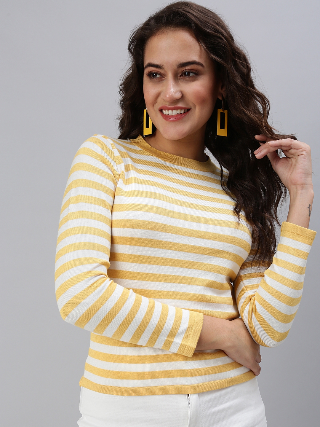 SHOWOFF Women's Horizontal Stripes Fitted Mustard Round Neck Top