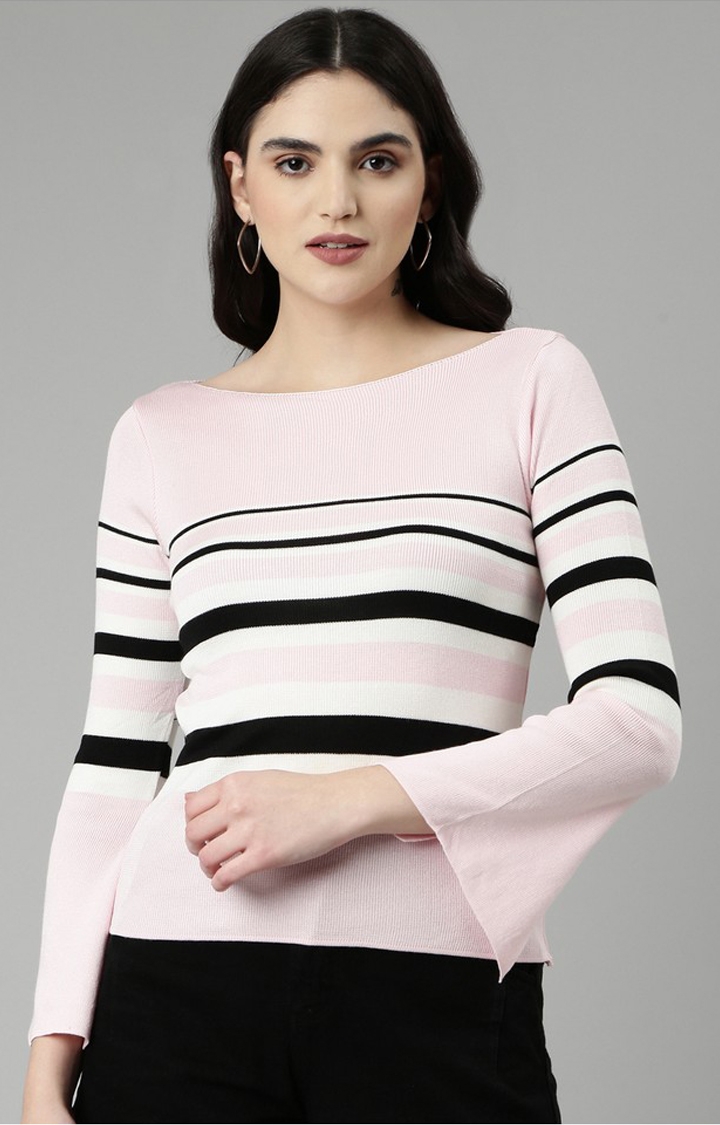 SHOWOFF Women's Boat Neck Striped Bell Sleeves Fitted Pink Top