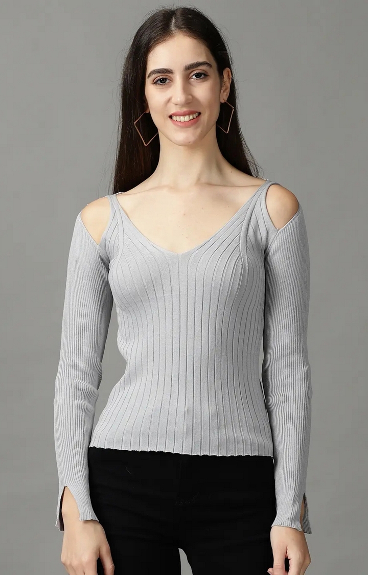 Showoff | SHOWOFF Women Grey Solid V Neck Full Sleeves Regular Fitted Top