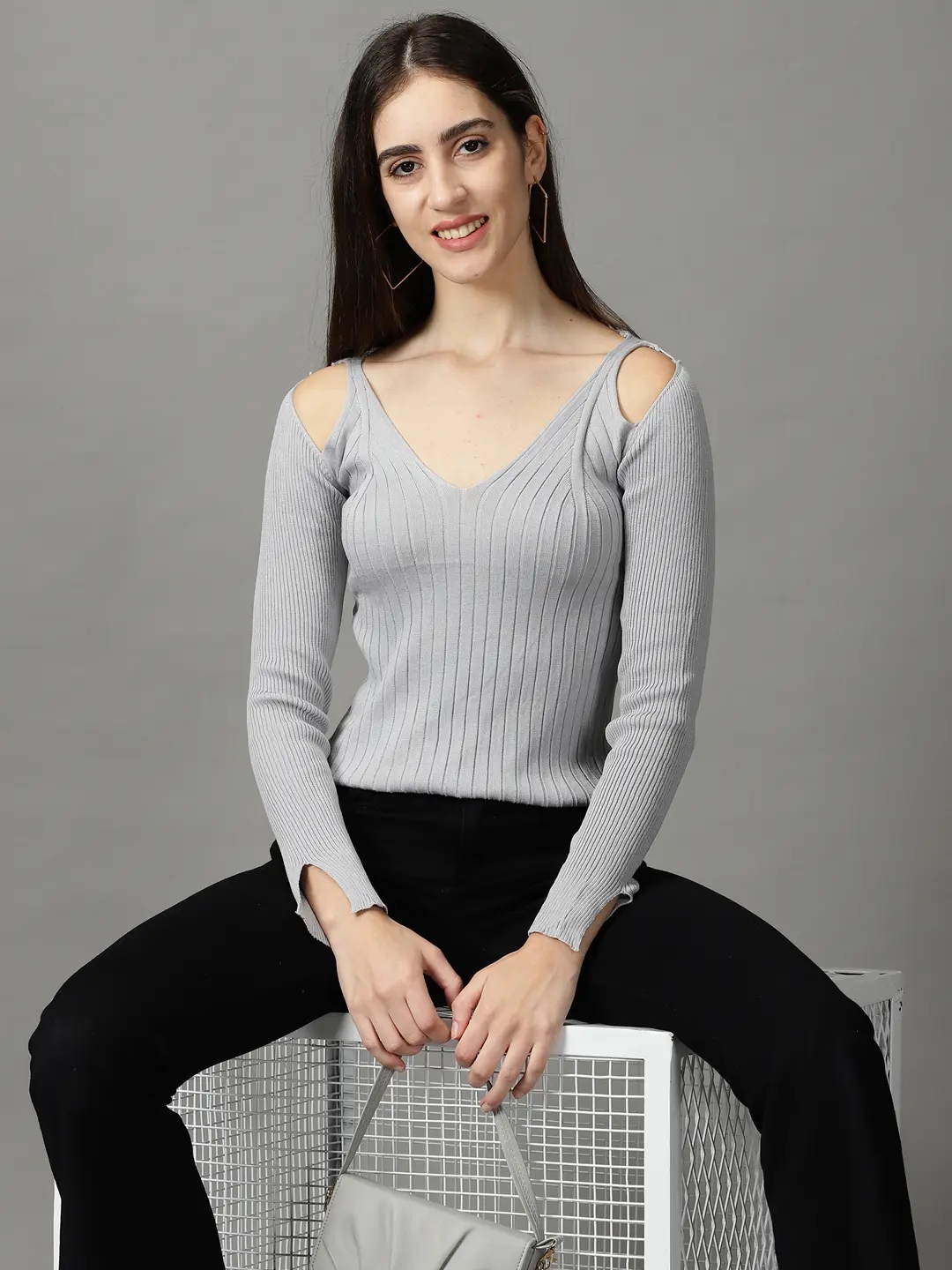 SHOWOFF Women Grey Solid V Neck Full Sleeves Regular Fitted Top