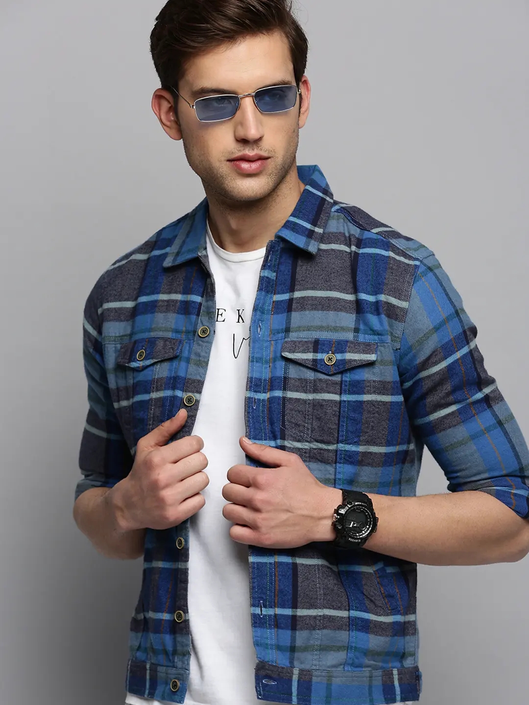 SHOWOFF Men's Spread Collar Checked Blue Open Front Jacket