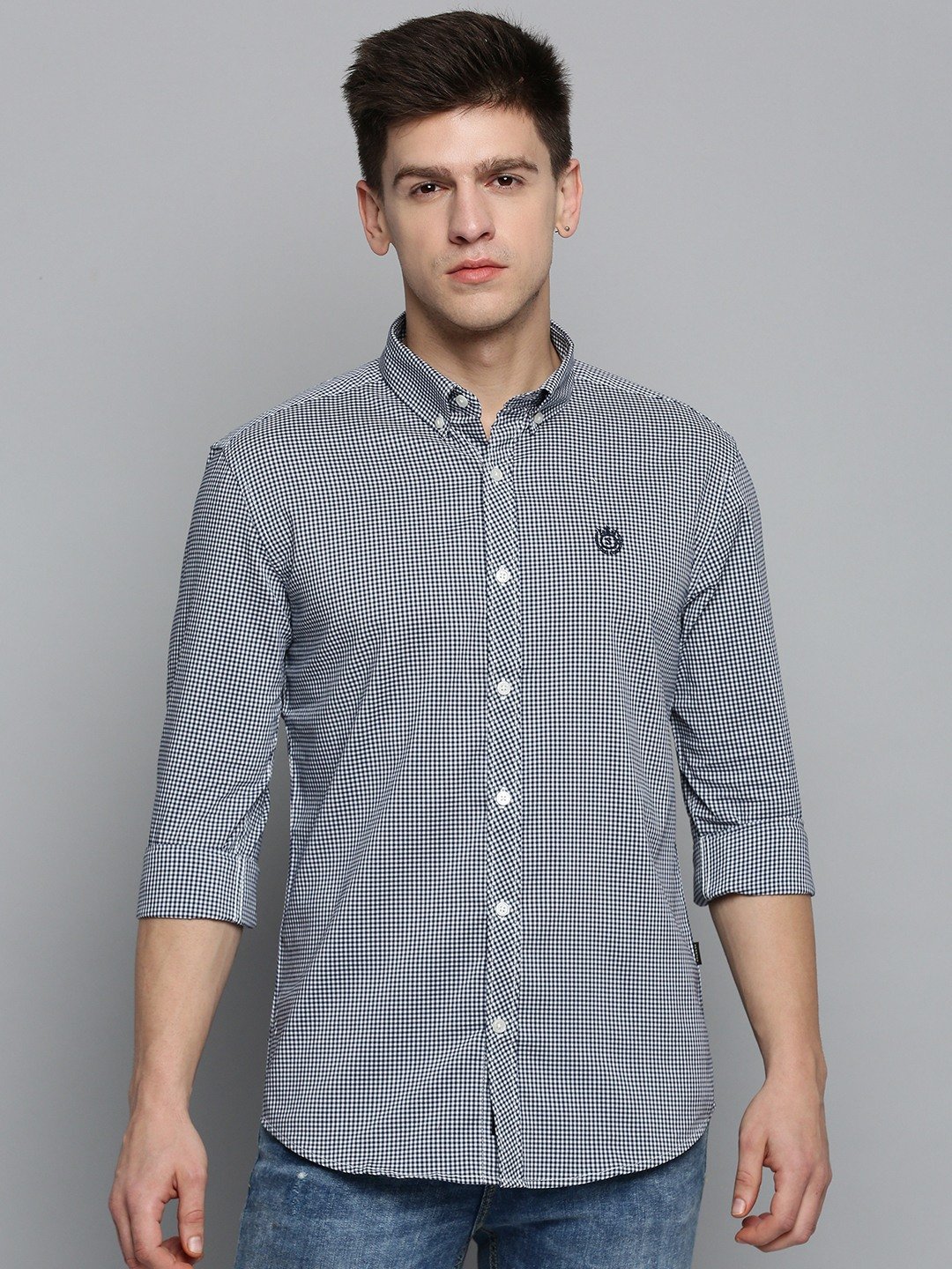 SHOWOFF Men's Spread Collar Navy Blue Checked Shirt
