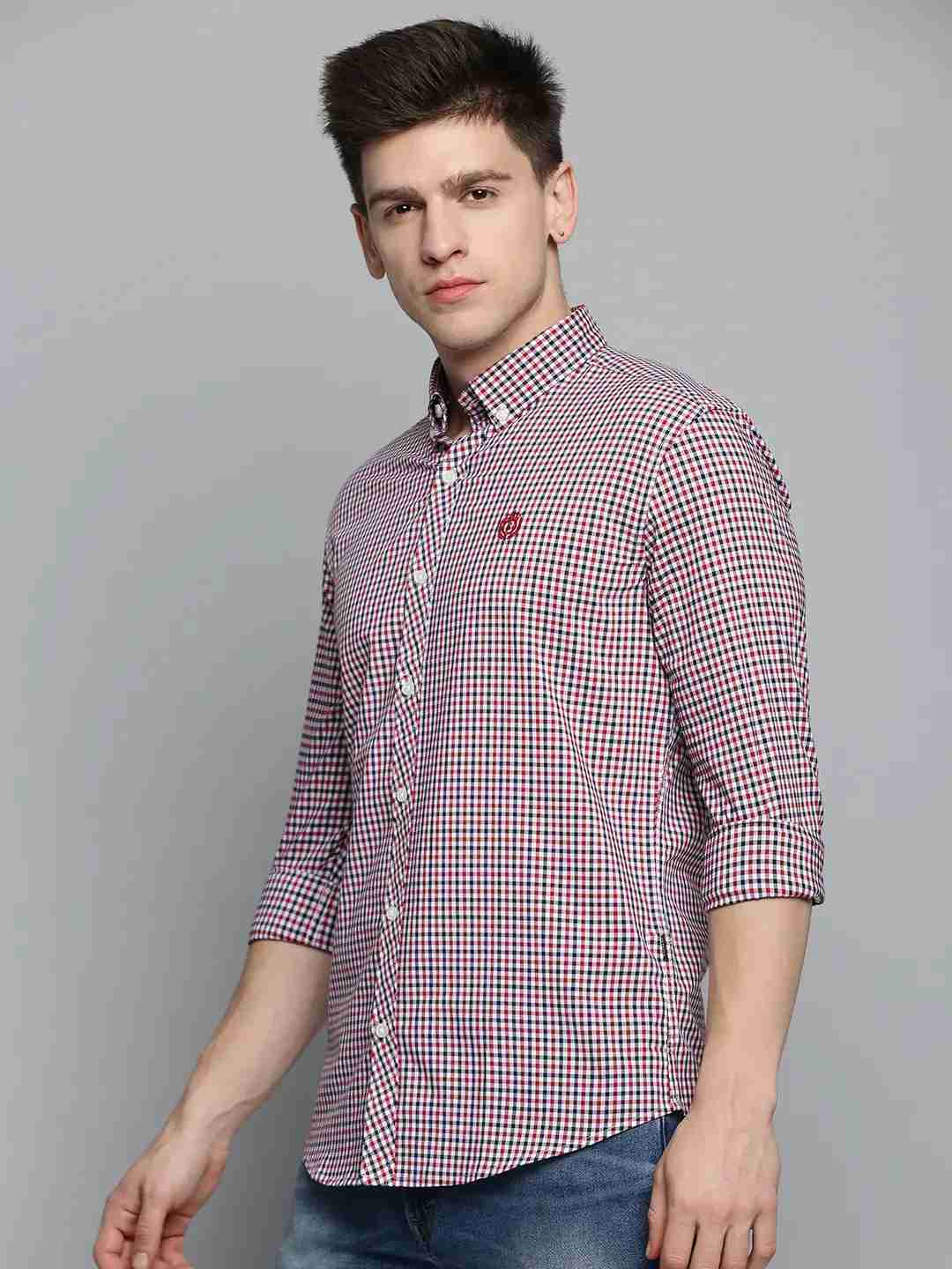 SHOWOFF Men's Spread Collar White Checked Shirt