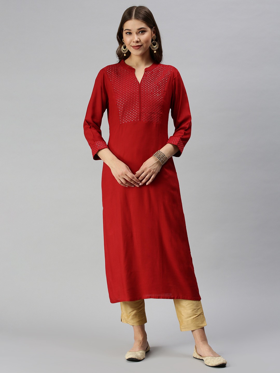 Women's Red Viscose Solid Comfort Fit Kurtas