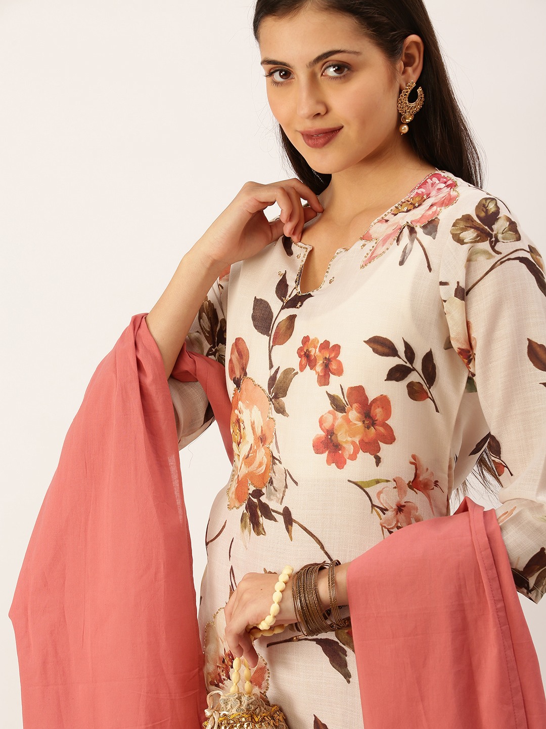SHOWOFF Women Cream Printed Round Neck Three-Quarter Sleeves Mid Length Straight Kurta Set