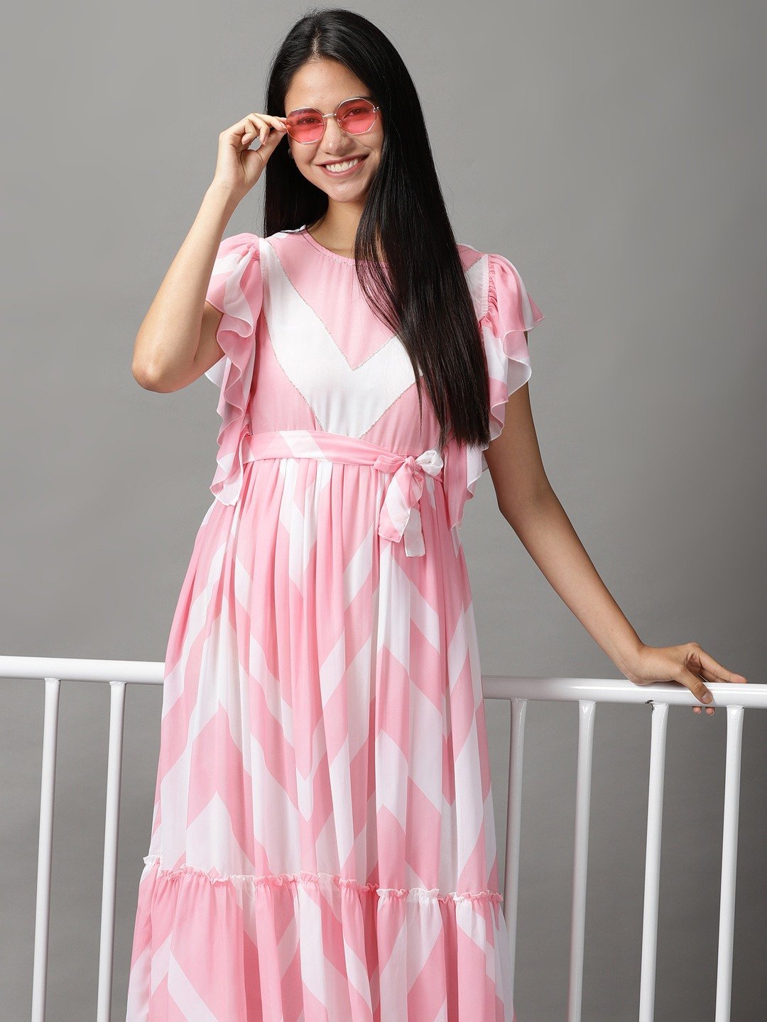 SHOWOFF Women's Round Neck Maxi Pink Chevron Dress