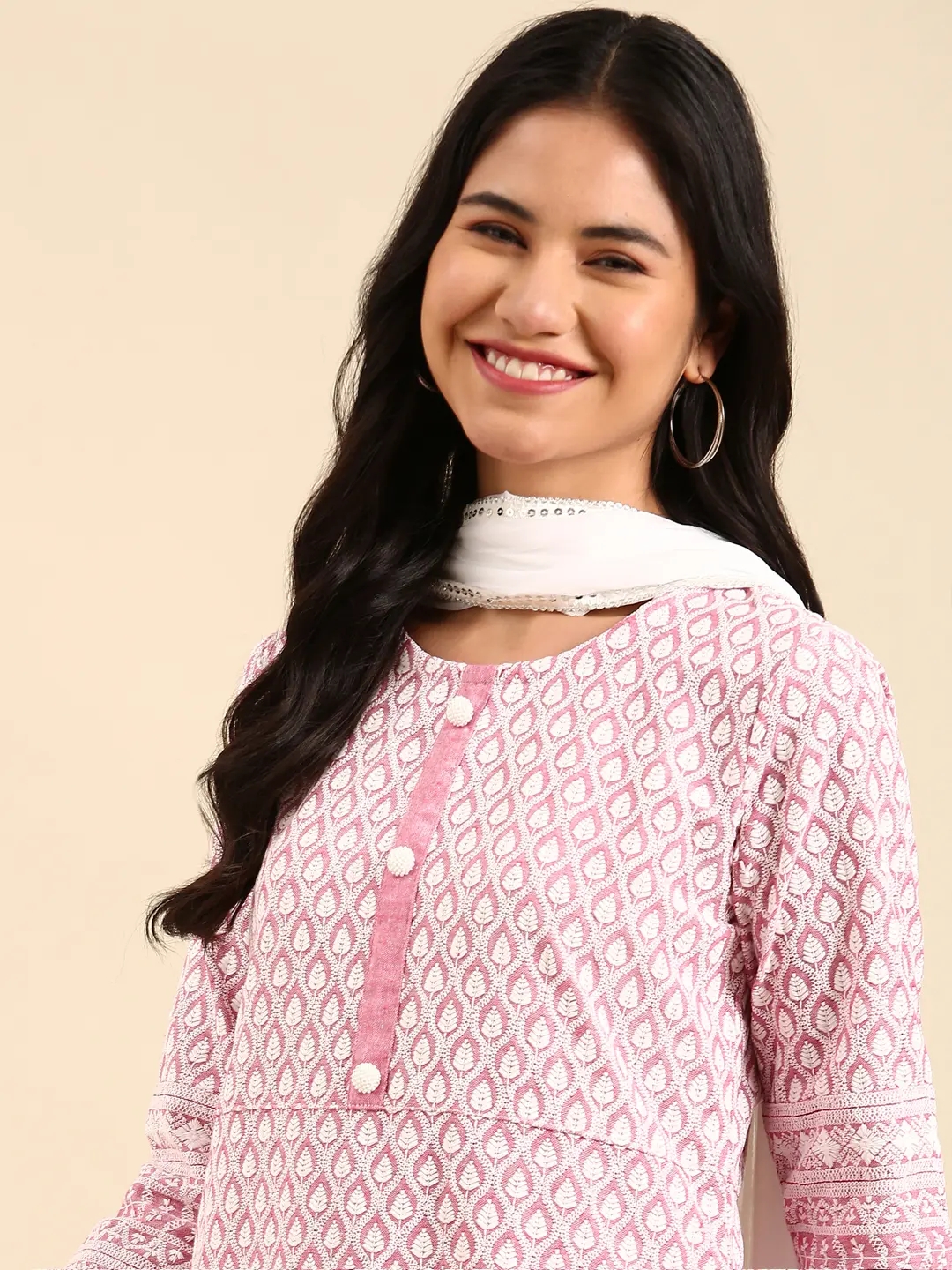 SHOWOFF Women Pink Embroidered Scoop Neck Three-Quarter Sleeves Mid Length Straight Kurta Set