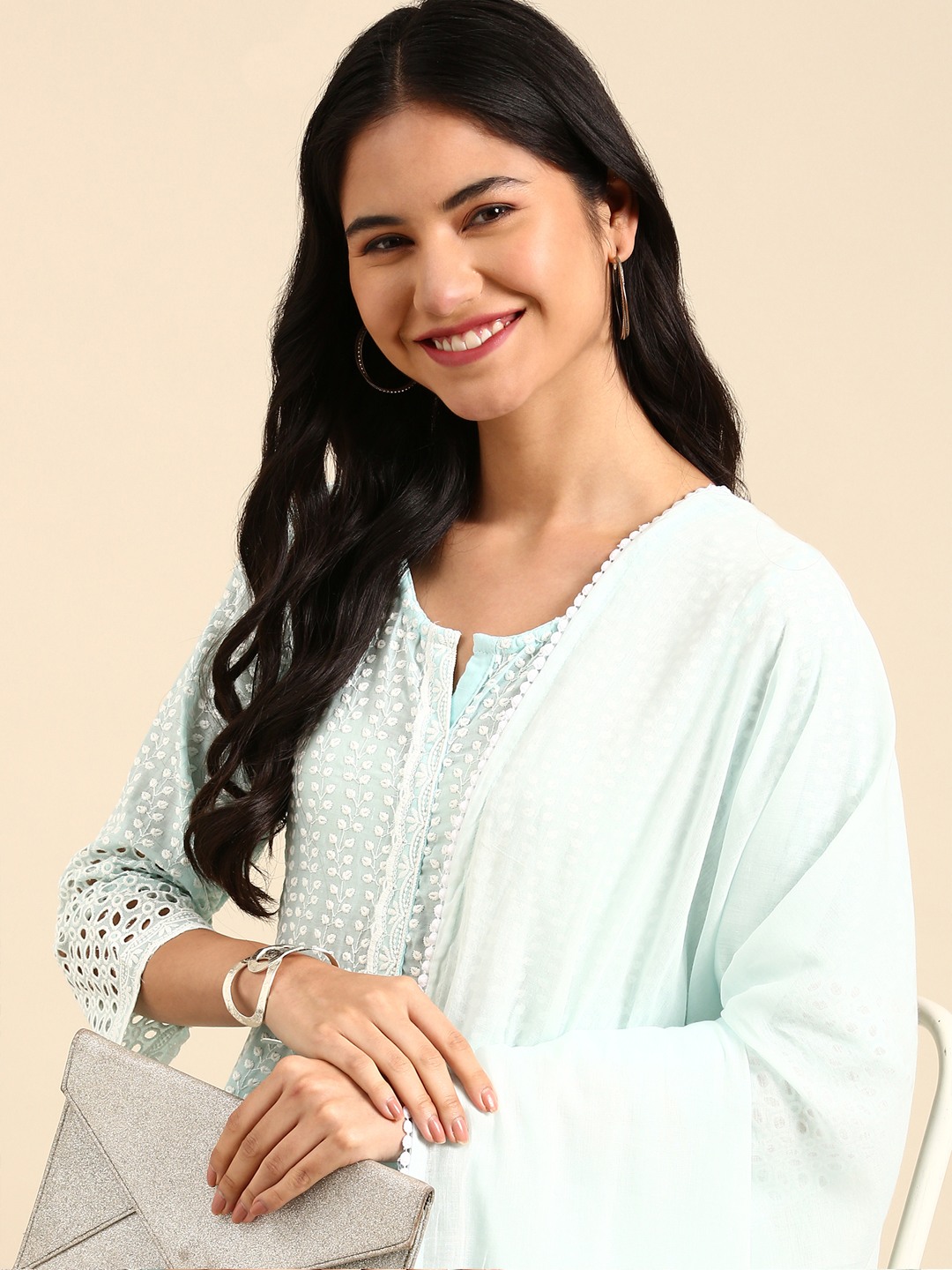 Women's Blue Cotton Blend Solid Comfort Fit Kurta Sets