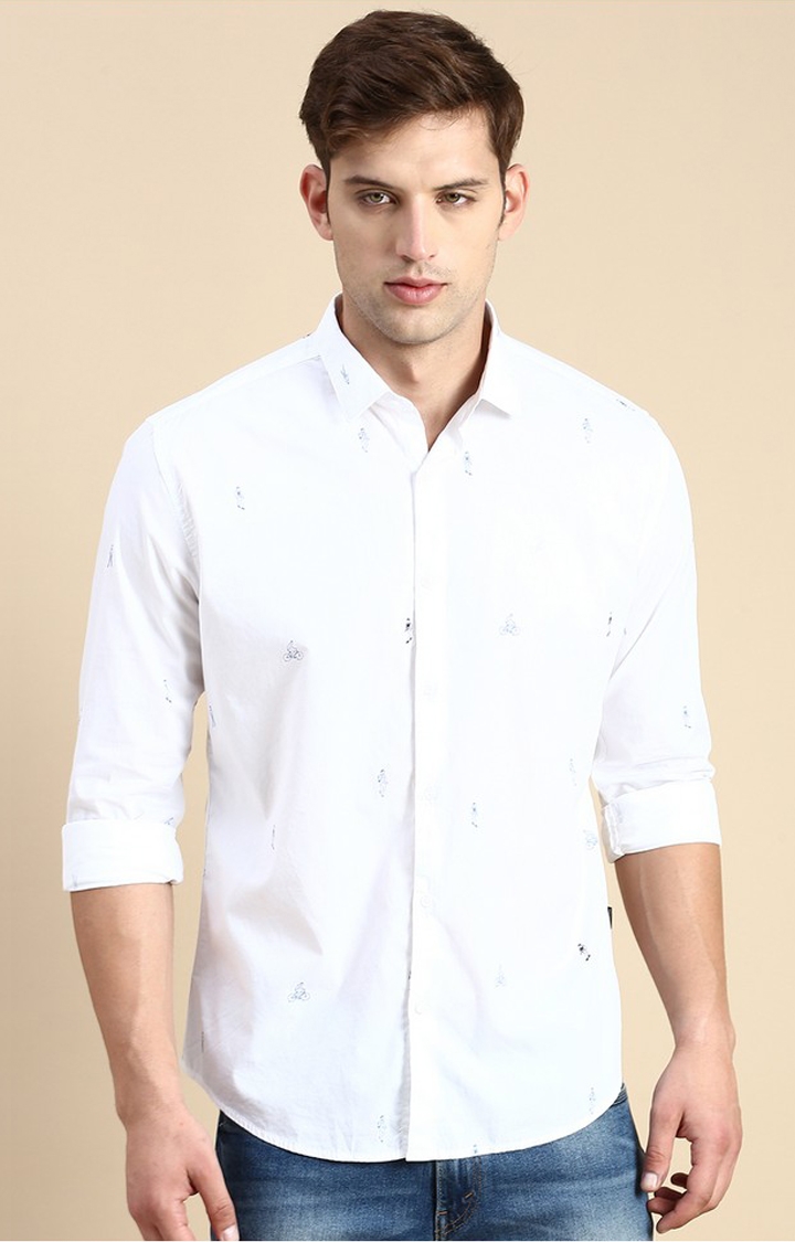 Showoff | SHOWOFF Men's Spread Collar White Slim Fit Printed Shirt