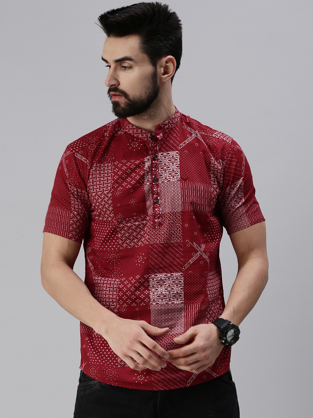 Showoff | SHOWOFF Men's Abstract Maroon Mandarin Collar Kurtas