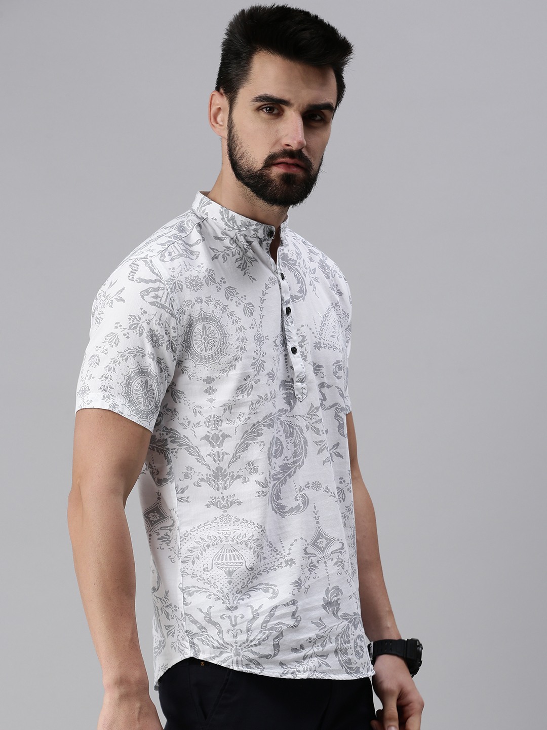 Men's White Cotton Printed Comfort Fit Kurtas
