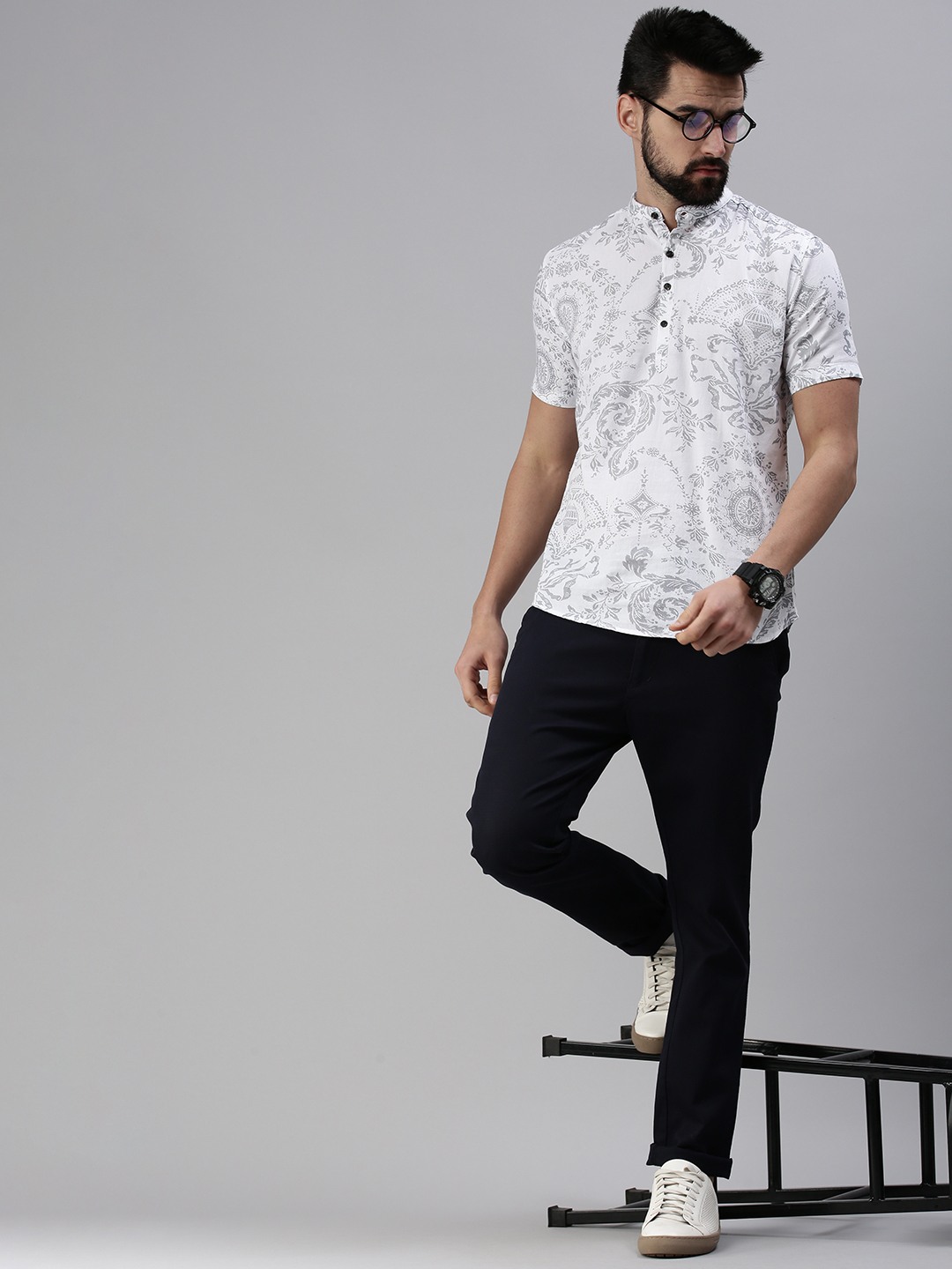 Men's White Cotton Printed Comfort Fit Kurtas