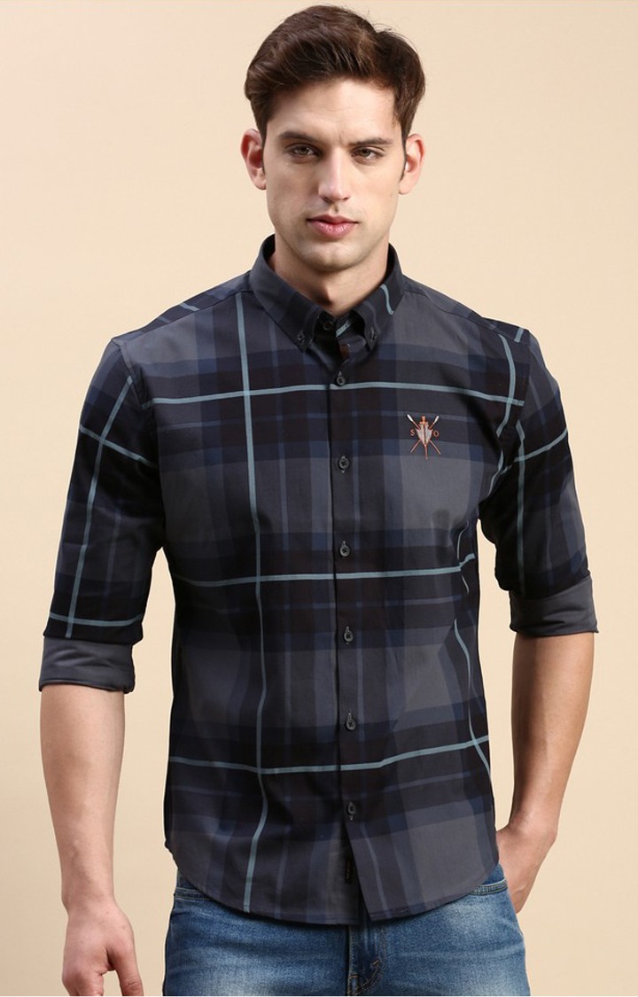 SHOWOFF Men's Spread Collar Navy Blue Slim Fit Checked Shirt