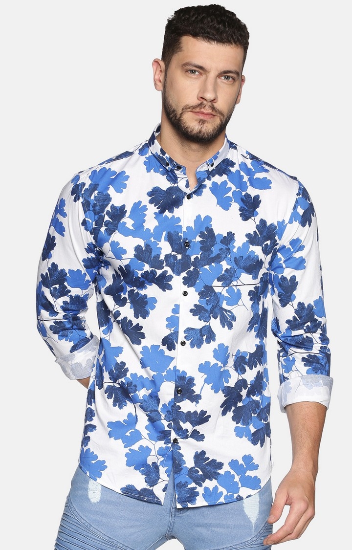 Men's Blue Cotton Floral Casual Shirts