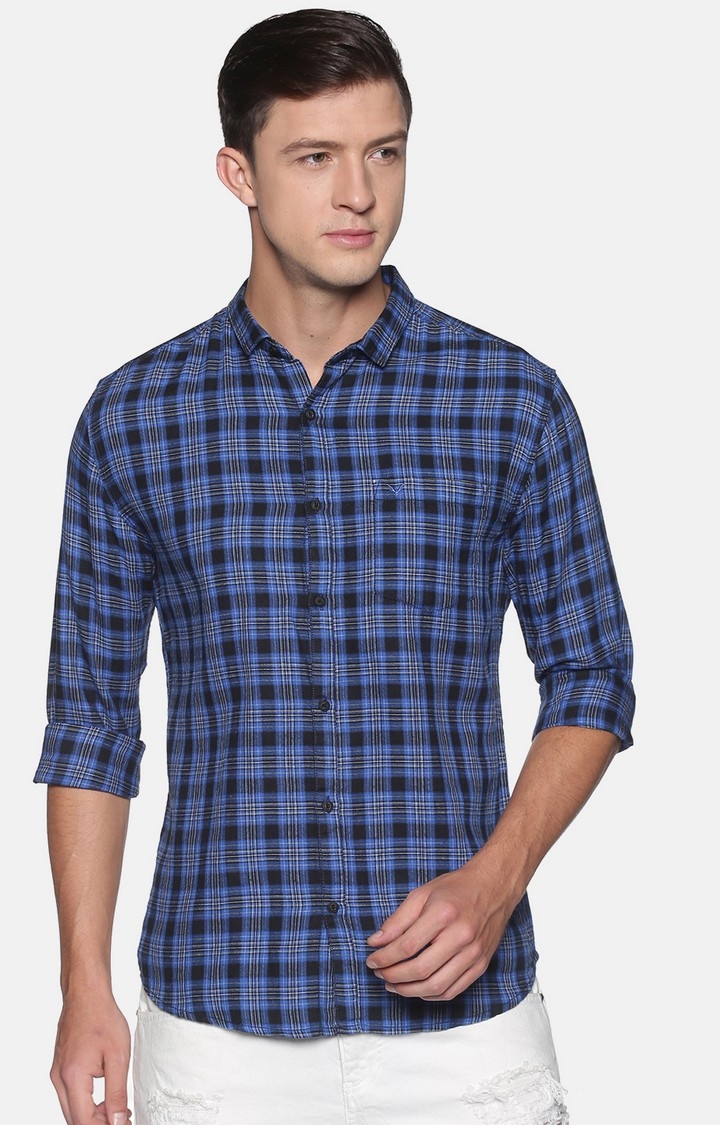 Showoff Men's Cotton Casual Blue Checked Slim Fit Shirt