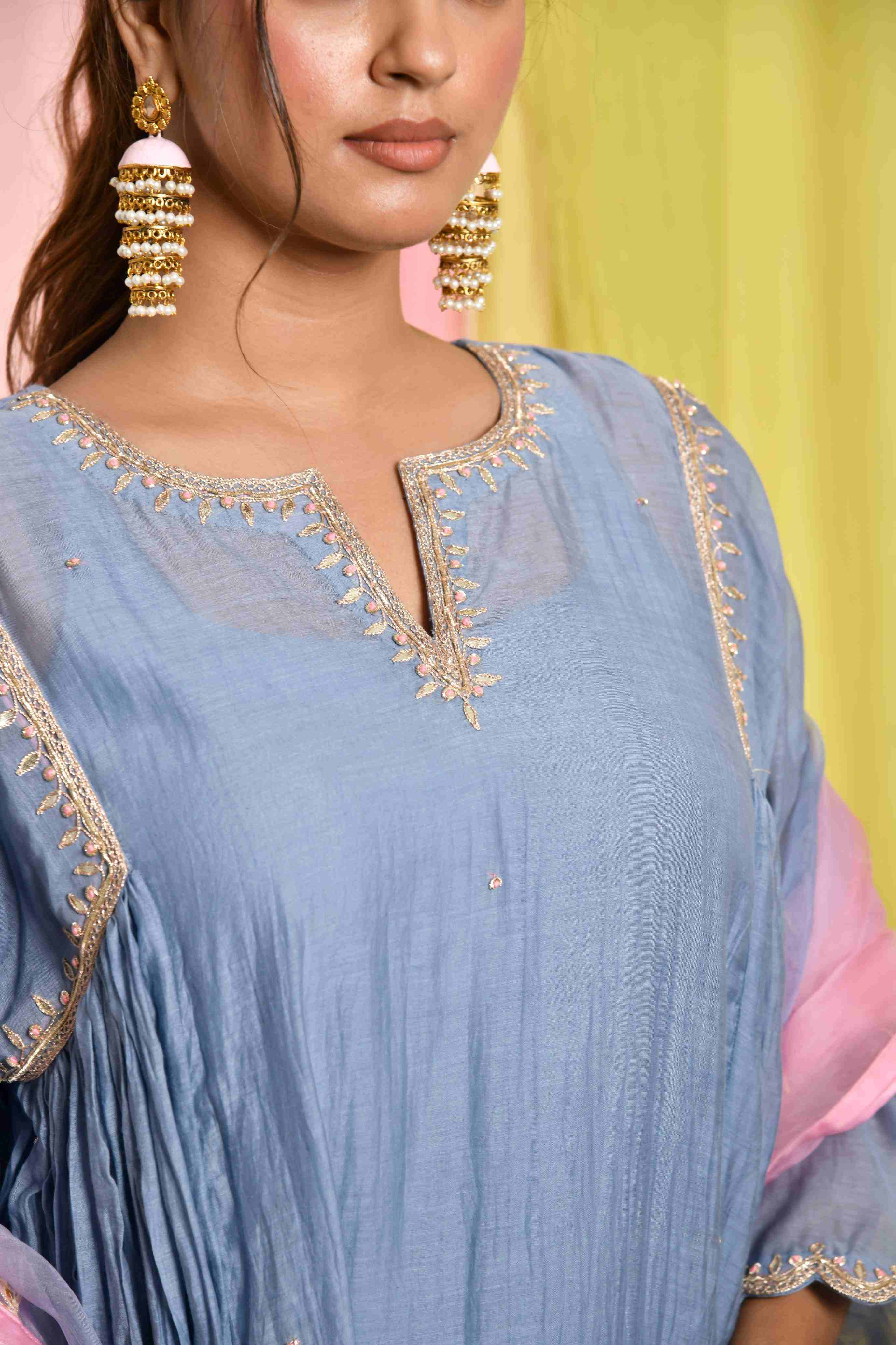Blue Chanderi Kurta With Pant & Dupatta.