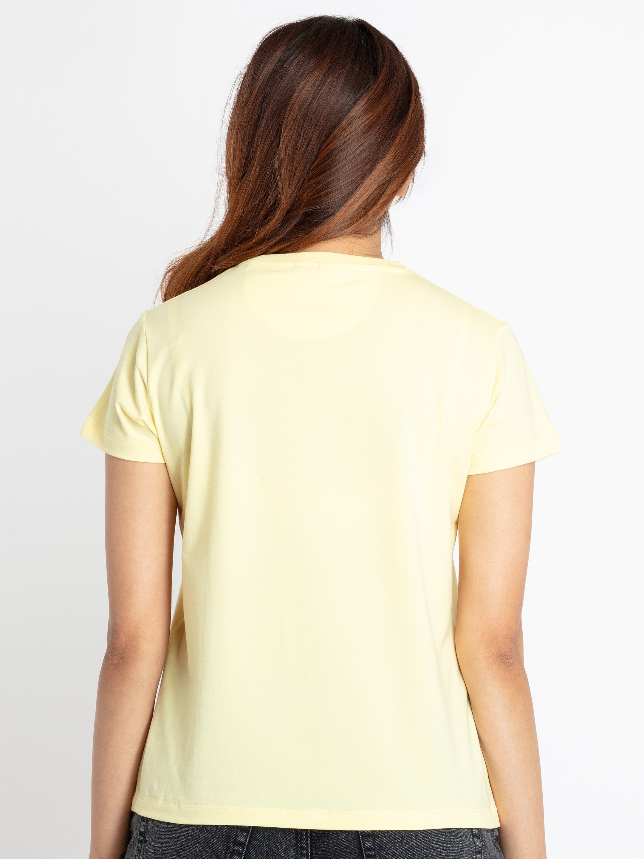 Women's Yellow Cotton Typographic Printed Regular T-Shirt