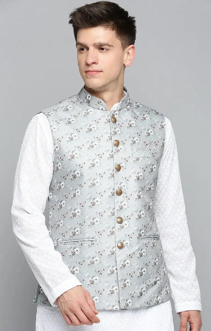 SHOWOFF Men's Printed Grey Ethnic Nehru Jackets