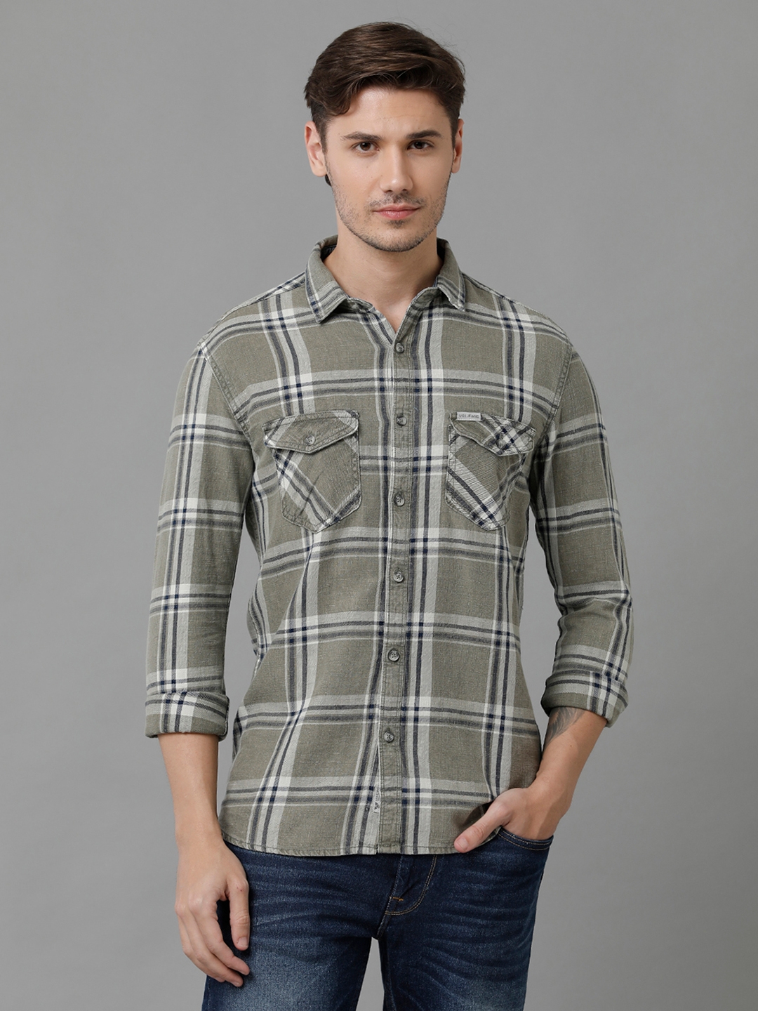 Men's Olive Indigo Checks Cotton Checkered Casual Shirt