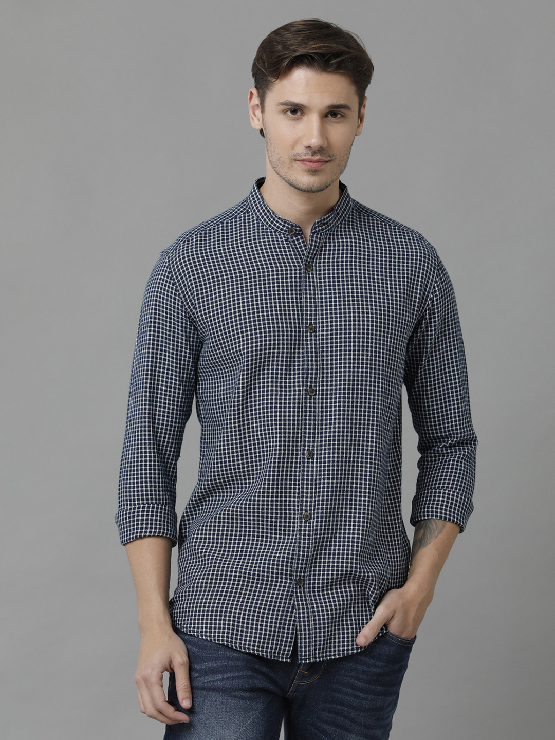 VOI Jeans Men's Indigo Checks Cotton Slim Fit Shirt