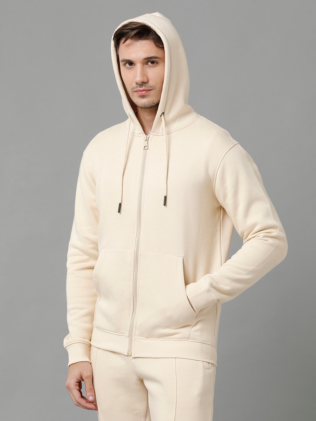 Men's Beige Fleece Solid hoodie
