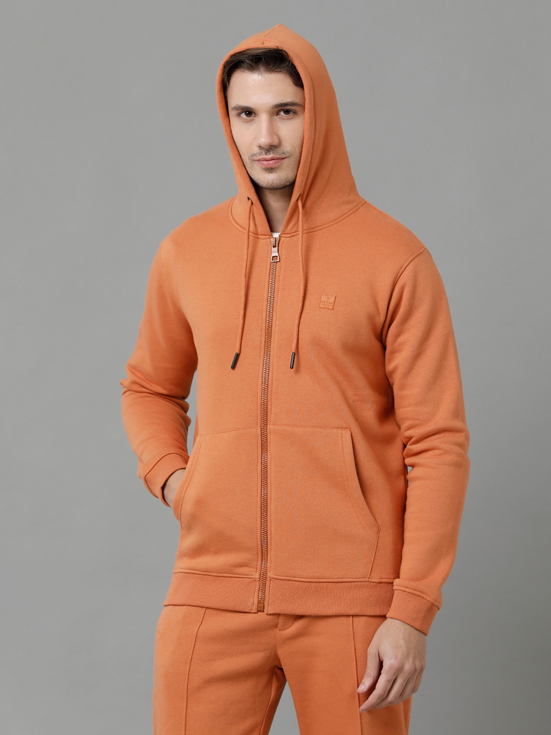 Men's Orange Fleece Solid hoodie