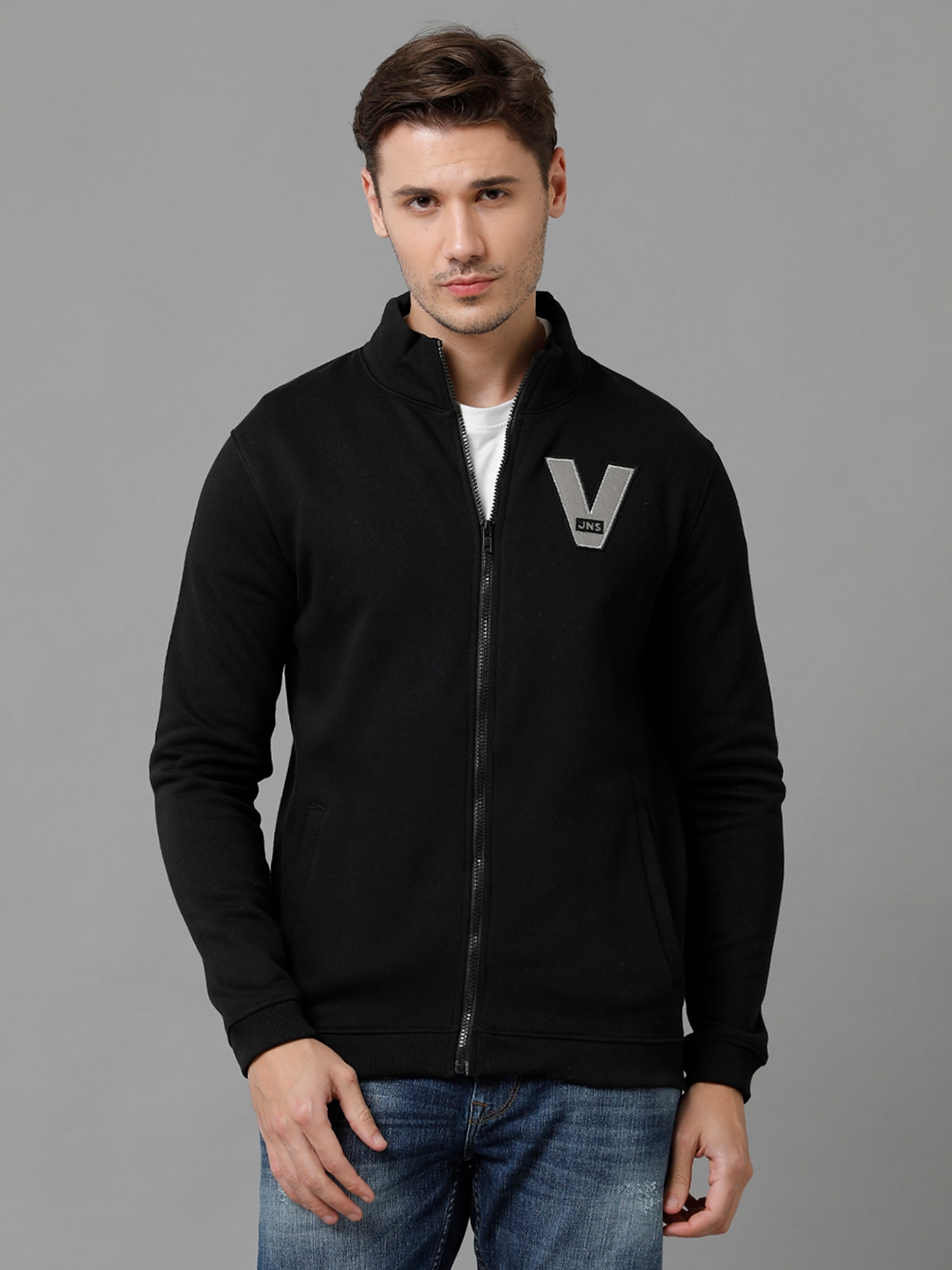 VOI Jeans Men's Solid Deep Black Cotton Blend Fleece Regular Fit Sweatshirt