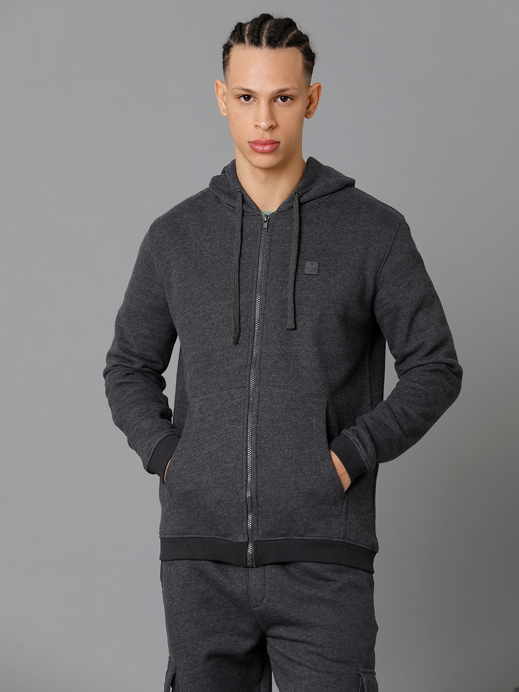 Men's Dark Grey Fleece Solid hoodie