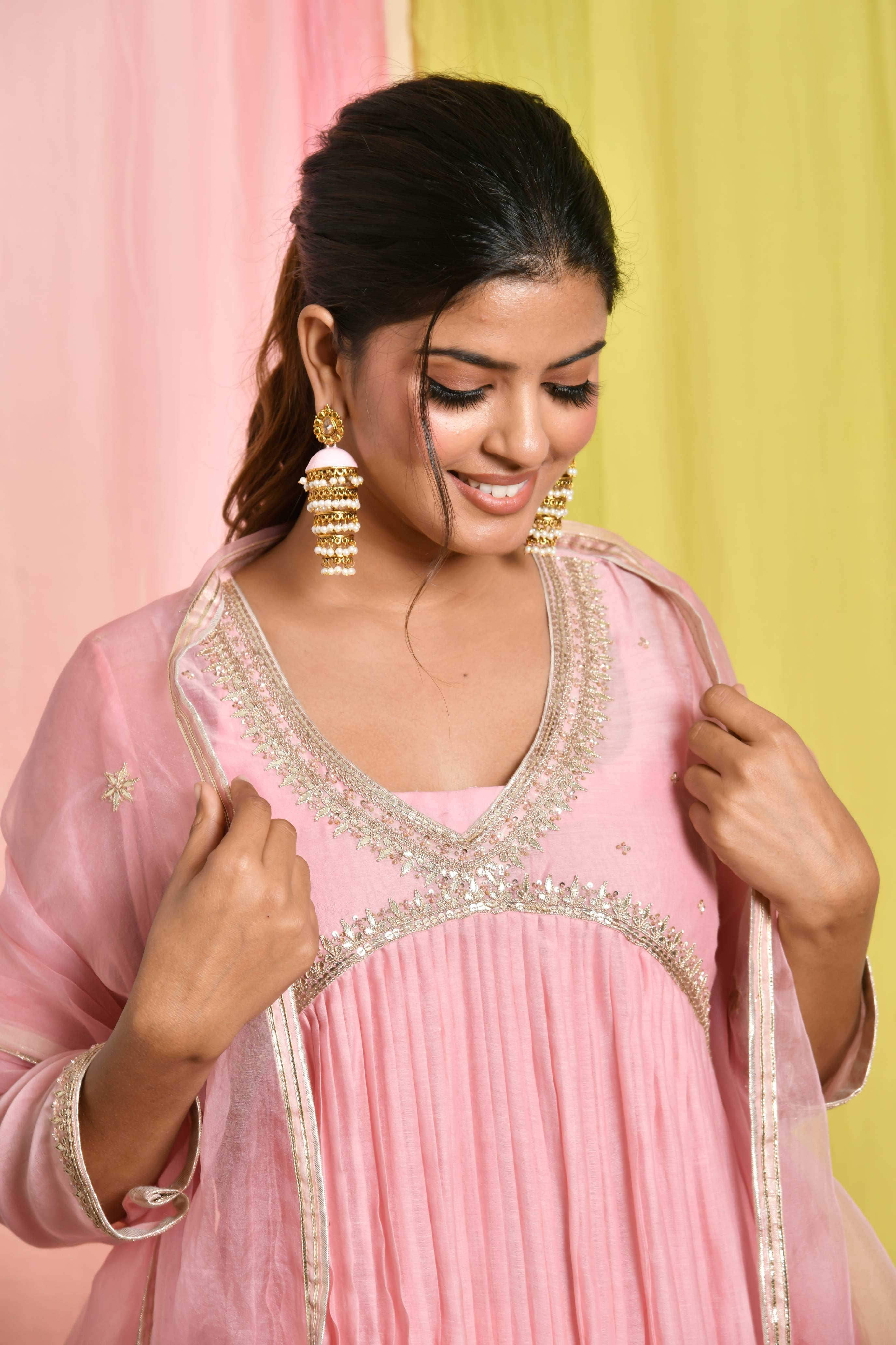 Pink V-Neck Chanderi Dress With Side Slit & Pleats